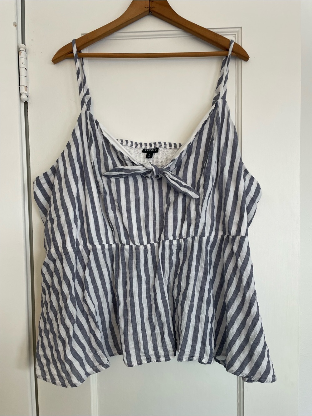 Cotton Blue and White Striped Tie-Front Crop Peplum Cami | 5X/28